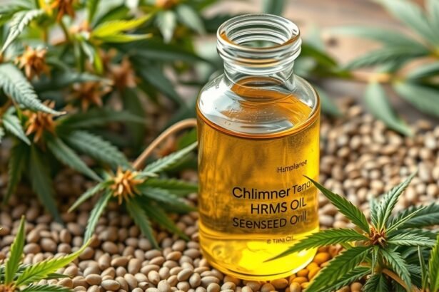 Hidegen sajtolt kendermagolaj üvegben, kendermagokkal körülvéve.