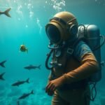 Hagyományos búvár felszerelésben úszó búvár a víz alatt.