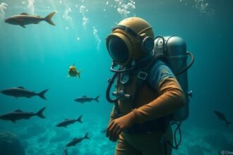 Hagyományos búvár felszerelésben úszó búvár a víz alatt.