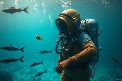 Hagyományos búvár felszerelésben úszó búvár a víz alatt.