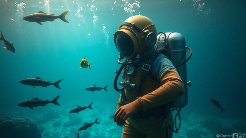 Hagyományos búvár felszerelésben úszó búvár a víz alatt.