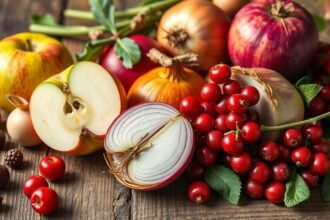 Friss gyümölcsök és zöldségek, beleértve az almát és hagymát, tápanyagokkal.