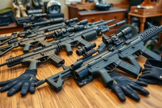 Airsoft fegyverek asztalon, különböző típusok és védőkesztyűk.