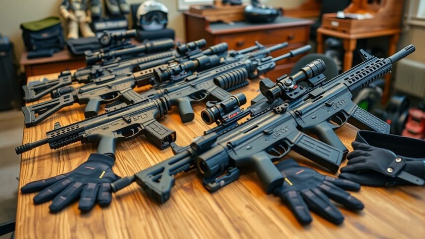 Airsoft fegyverek asztalon, különböző típusok és védőkesztyűk.
