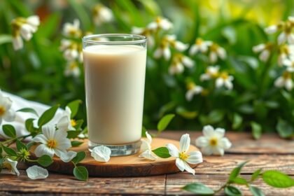 Egy pohár kecsketej és friss virágok egy fás tányéron