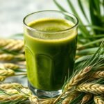 Zöldárpa italpor frissítő ital pohárban természetes forrás a vitalitás növelésére.