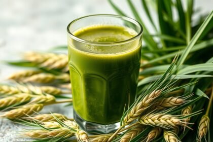 Zöldárpa italpor frissítő ital pohárban természetes forrás a vitalitás növelésére.