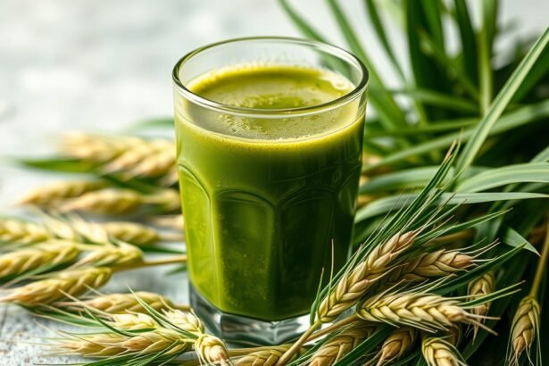 Zöldárpa italpor frissítő ital pohárban természetes forrás a vitalitás növelésére.