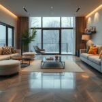 Modern nappali műgyanta padlóval, kellemes atmoszférával.