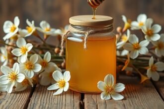 Selyemfű méz üvegben virágokkal díszítve, egészséges édesítőszer.