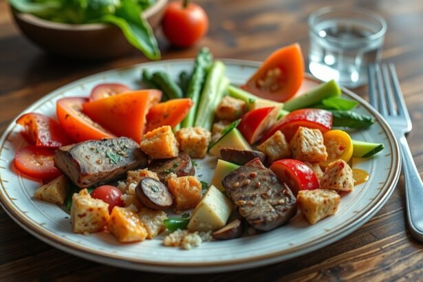 Paleolit diéta ételek tálon friss zöldségekkel és hússal.