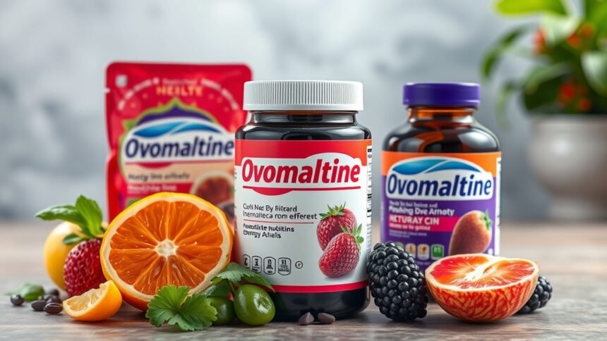 Ovomaltine termékek friss gyümölcsökkel, energikus tápanyagforrásként