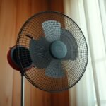 Ventilátor a szobában, világos függönnyel háttérben