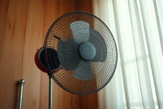Ventilátor a szobában, világos függönnyel háttérben