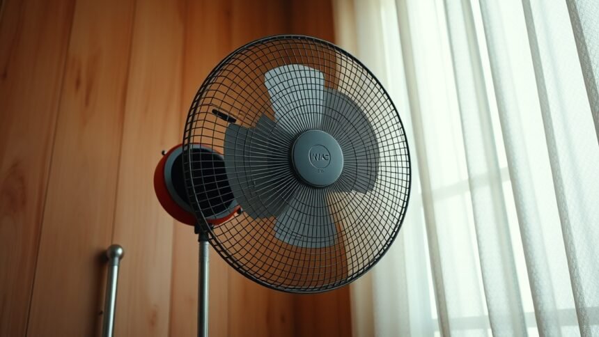 Ventilátor a szobában, világos függönnyel háttérben