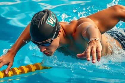 Fiatal úszó energikus mozdulattal a medencében