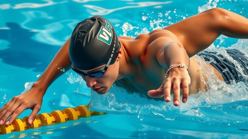Fiatal úszó energikus mozdulattal a medencében