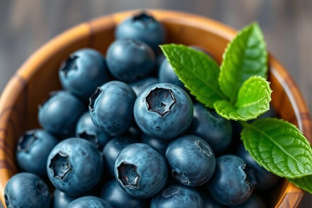 Friss áfonya levelekkel egy fából készült tálban.