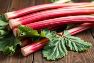 Friss rebarbara szárak és levelek egy fából készült asztalon.