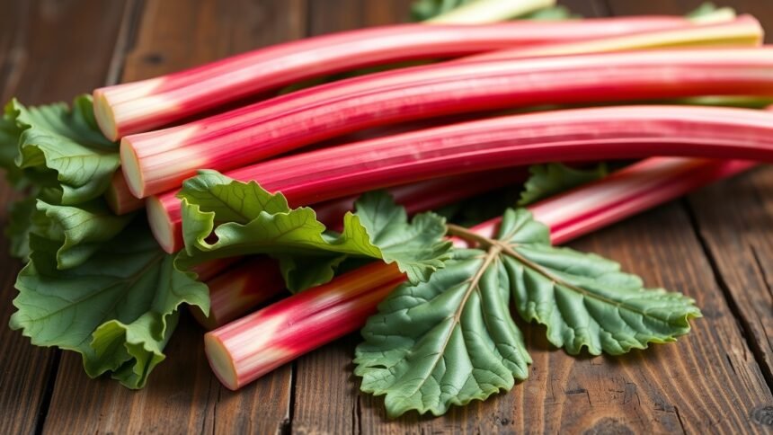 Friss rebarbara szárak és levelek egy fából készült asztalon.
