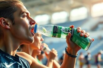 Sportoló izotóniás italt fogyaszt edzés közben a stadionban