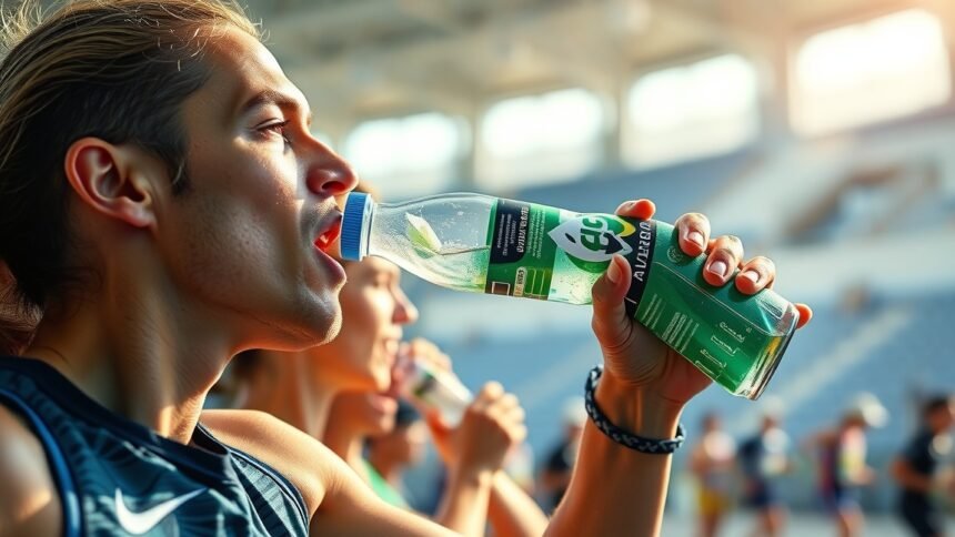Sportoló izotóniás italt fogyaszt edzés közben a stadionban