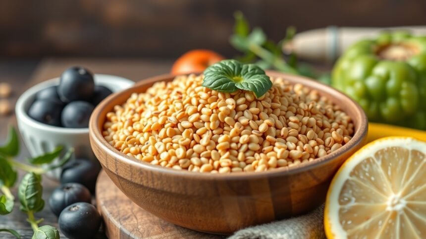 Köles tálban, friss zöldségekkel és gyümölcsökkel