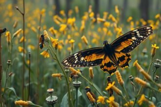 Színes pillangók és madarak virágok között a természetben