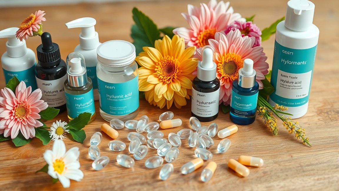 Hialuronsav kapszulák és bőrápoló termékek virágokkal.