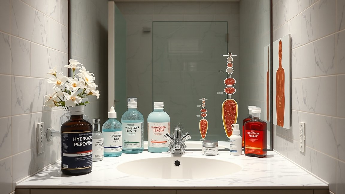 Hidrogén-peroxid és bőrápolási termékek fürdőszobai pulton