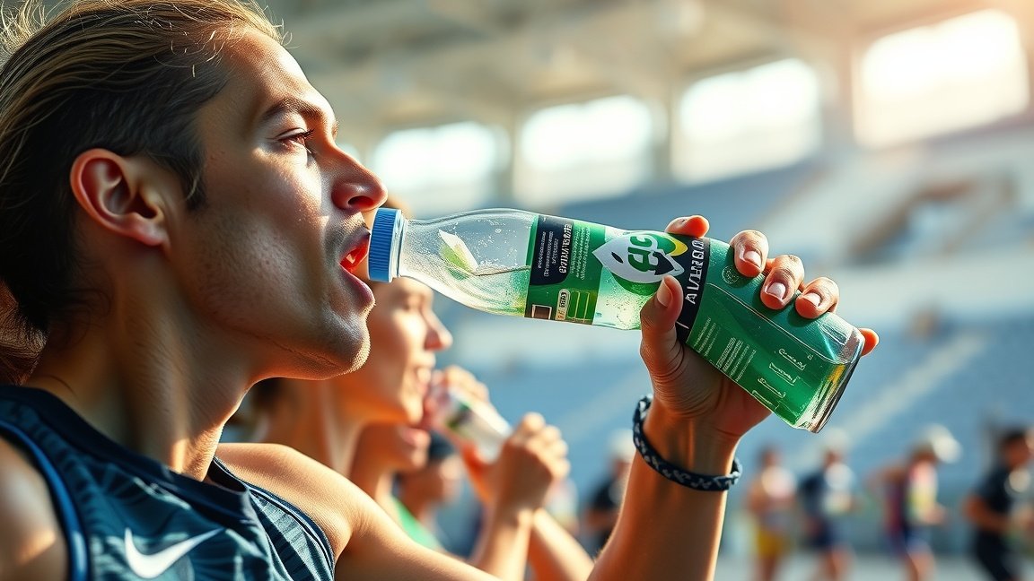 Izotóniás Italok Hatása a Sportteljesítményre: Hidratálás, Elektrolitpótlás és Regenerációs Előnyök 1 Sportoló izotóniás italt fogyaszt edzés közben a stadionban