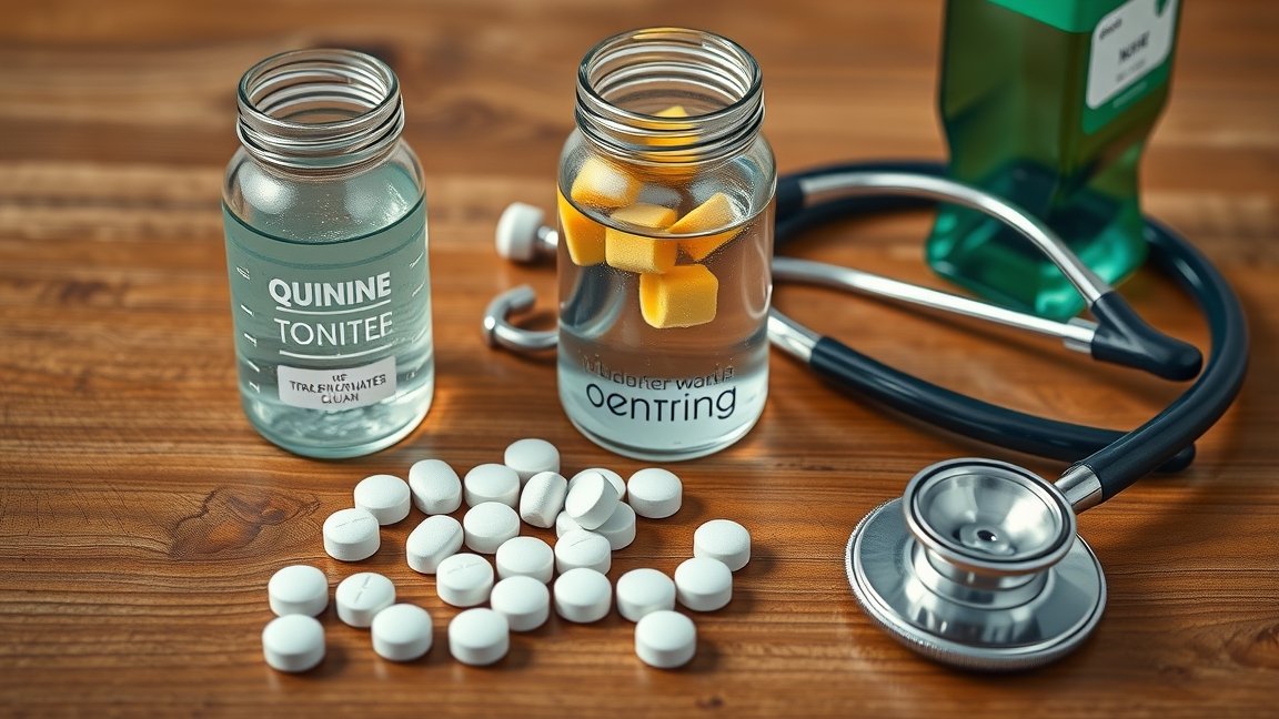 Quinine drink and tablets on a wooden surface with a stethoscope.