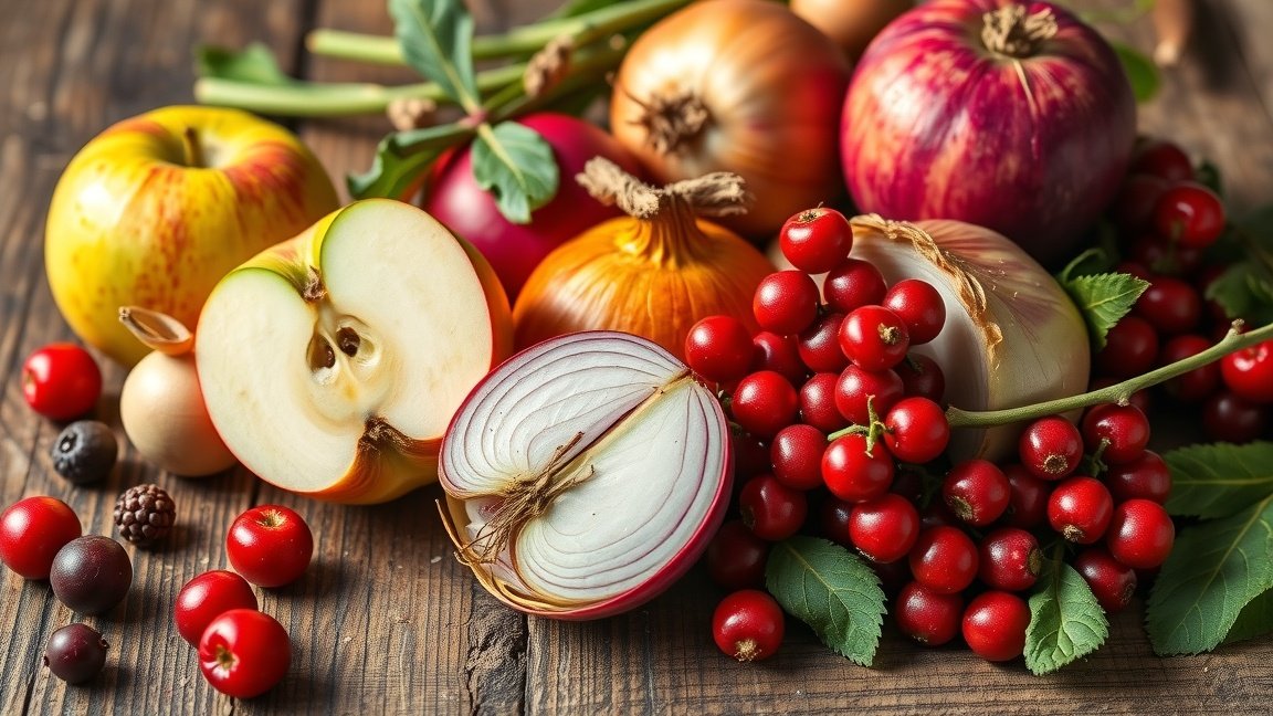 Friss gyümölcsök és zöldségek, beleértve az almát és hagymát, tápanyagokkal.