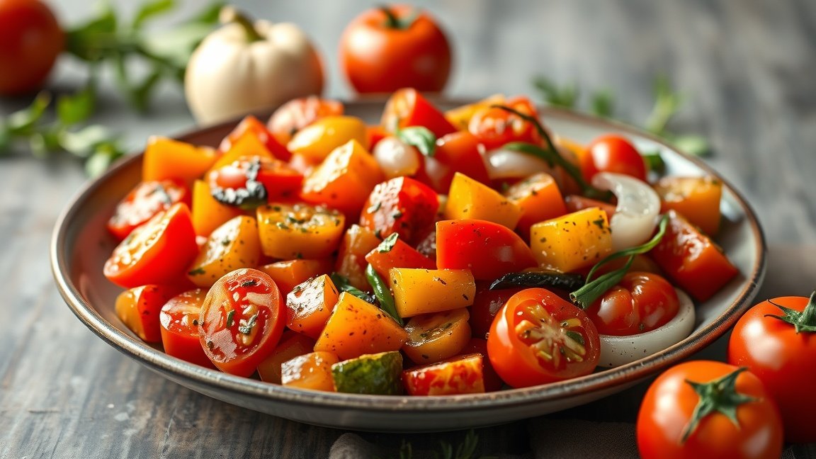 Friss lecsó friss zöldségekből, vitaminban gazdag étel.