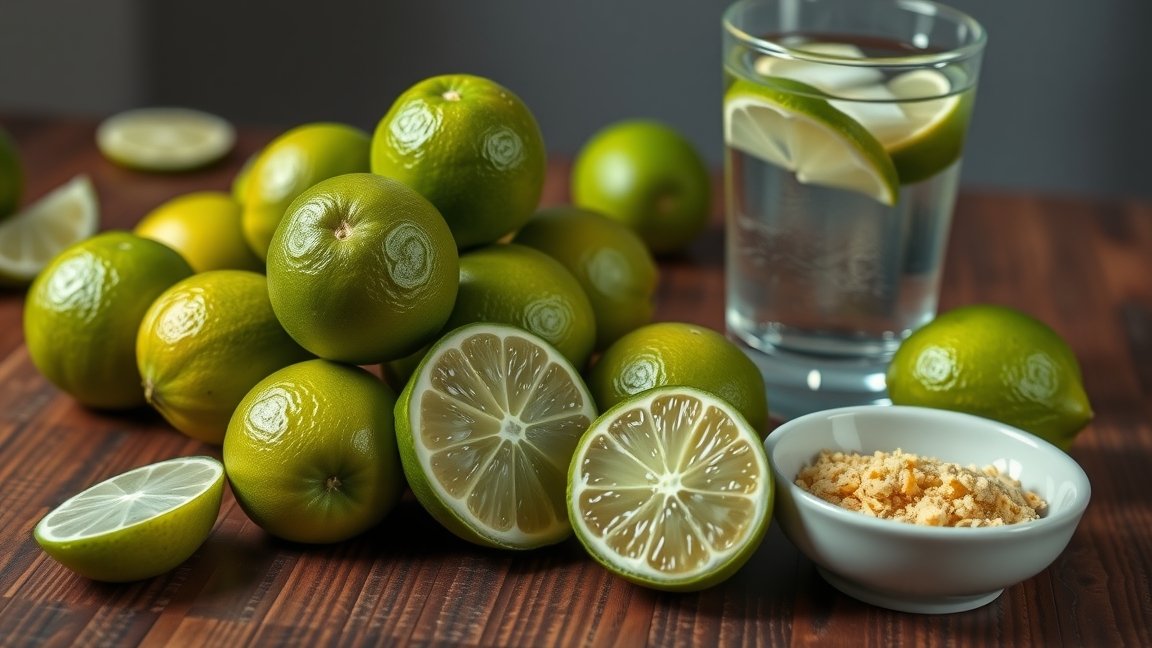 Friss lime és egészséges ital citrommal, mellette durumbúza liszt.