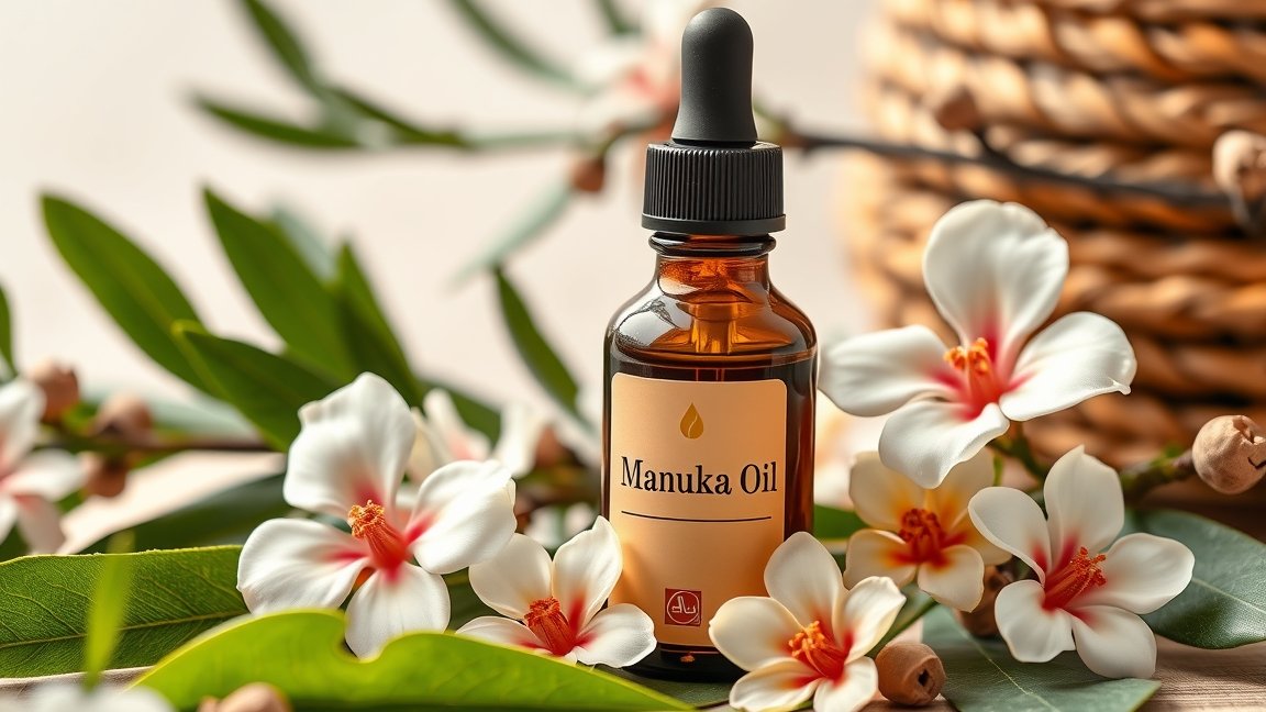 Manuka olaj üveg, virágok körül, természetes bőrápolás