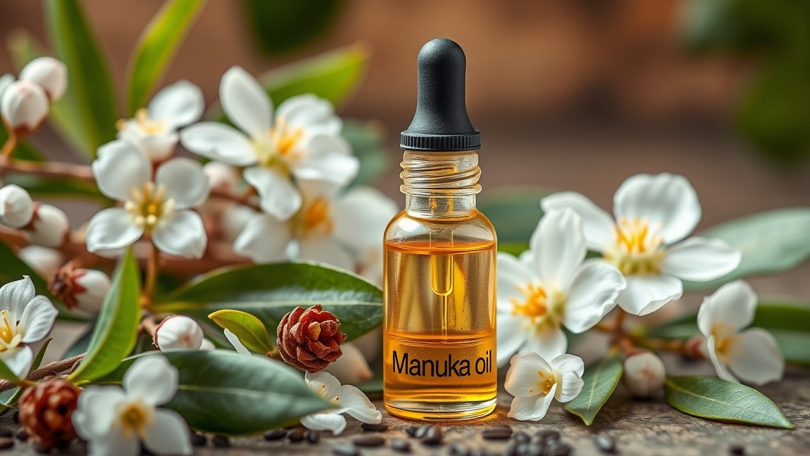 Manuka olaj üveg cseppentő, körülötte virágok és levelek.