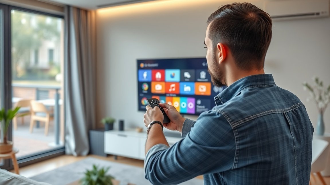 Férfi digitális televízió távirányítóval a nappaliban.