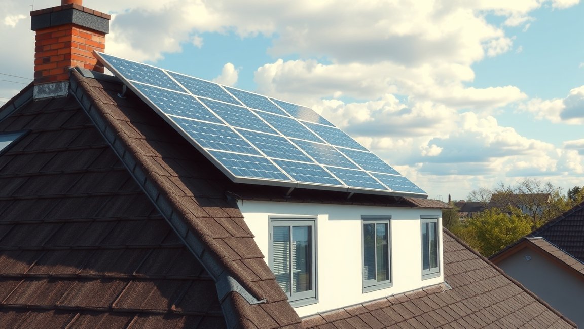 Napenergia panelek egy ház tetején, fenntartható energiaforrás.