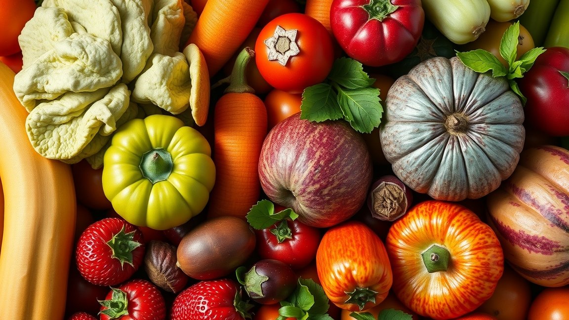 Színes zöldségek és gyümölcsök, köztük alma, bogyók és paprika.