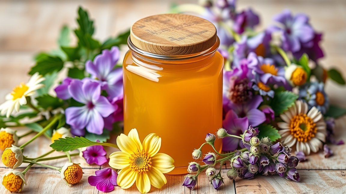 A selyemfű méz jótékony hatásai és étrendbe illesztése 1 Selyemfű méz üvegben, körülötte színes virágokkal, természetes egészségügyi előnyökkel.
