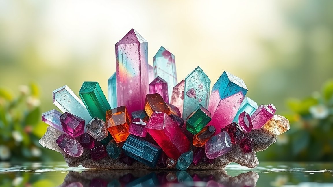 Színes turmalin kristályok természetes háttér előtt