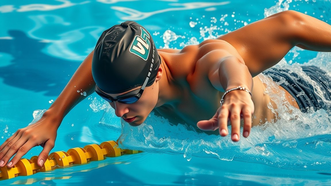 Fiatal úszó energikus mozdulattal a medencében