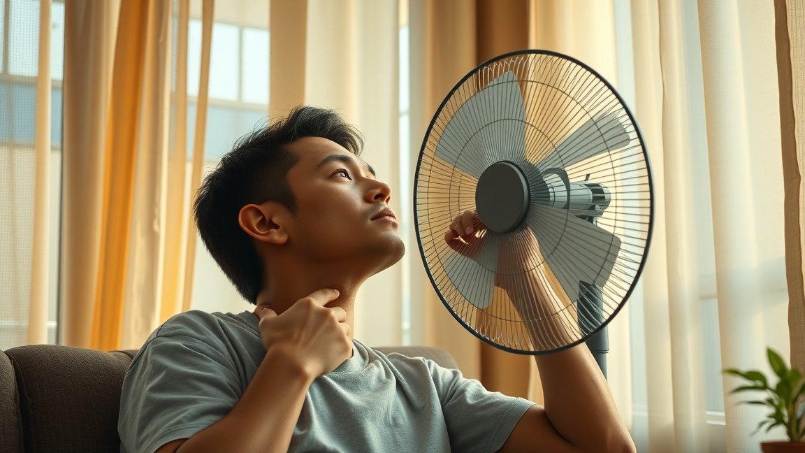 Fiatal férfi ül egy ventilátor közelében, figyelmesen nézve, miközben a levegőt élvezi.