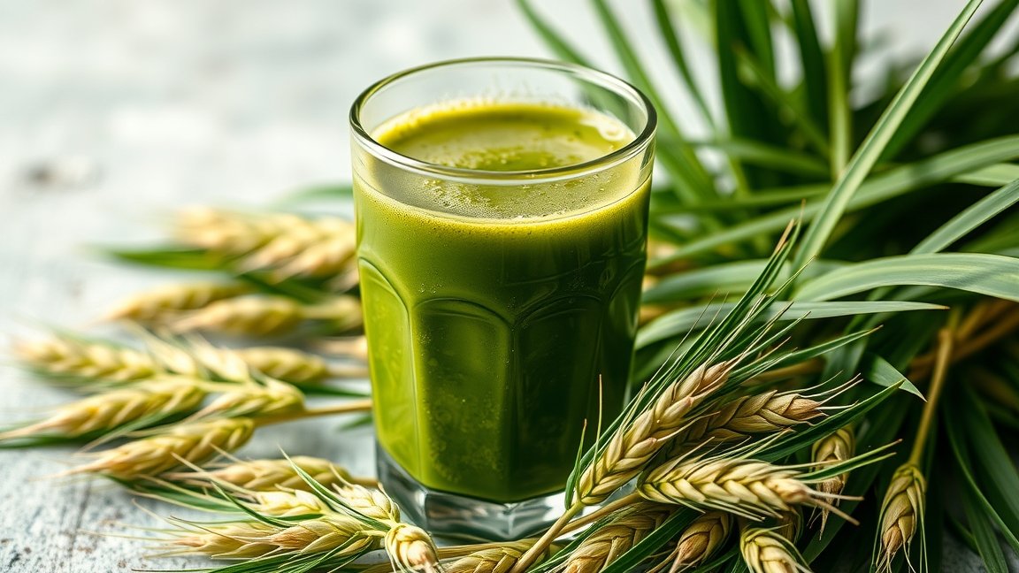 Zöldárpa italpor frissítő ital pohárban természetes forrás a vitalitás növelésére.