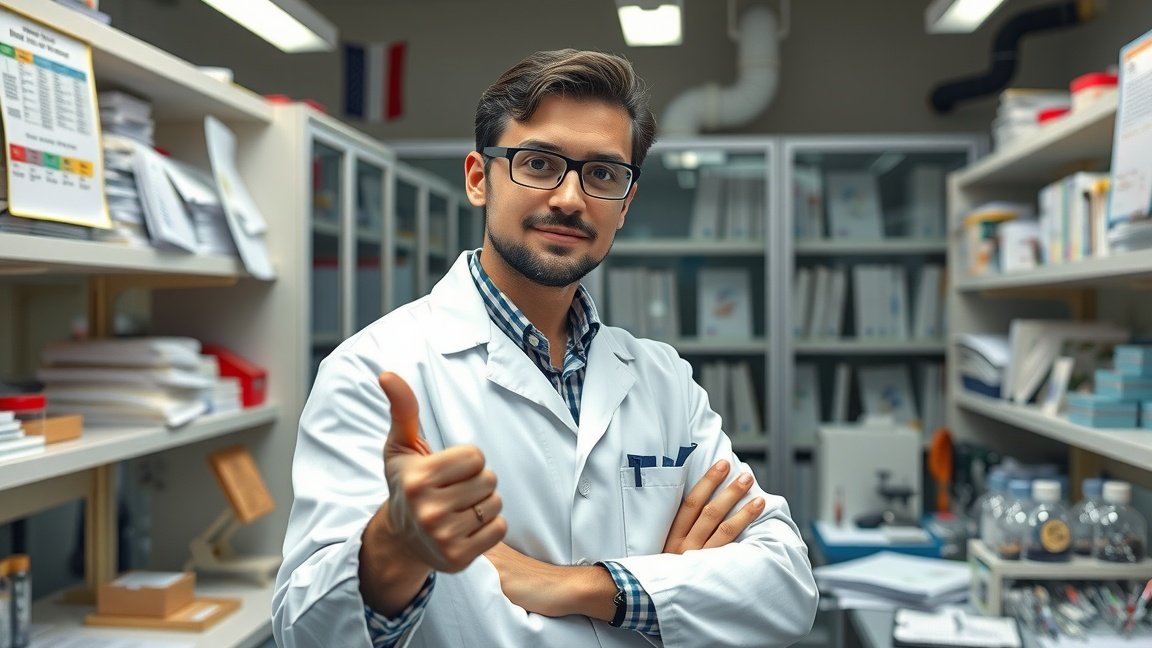 Sikeres balkezes tudós a laboratóriumban, mutatja az 'ok' jelzést.