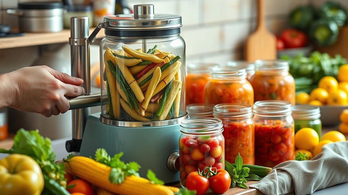 Befőzőautomata friss zöldségekkel és elrakott üvegekkel