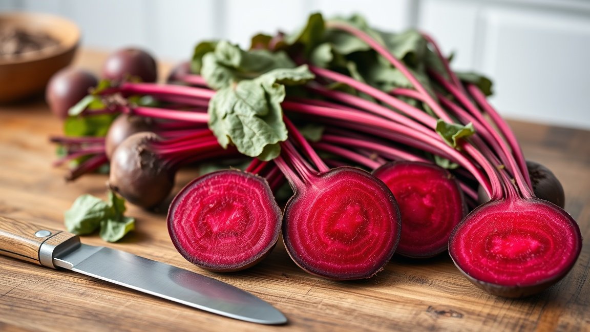 Friss cékla felvágva és egészben, egy fakanállal, egészséges táplálkozáshoz.