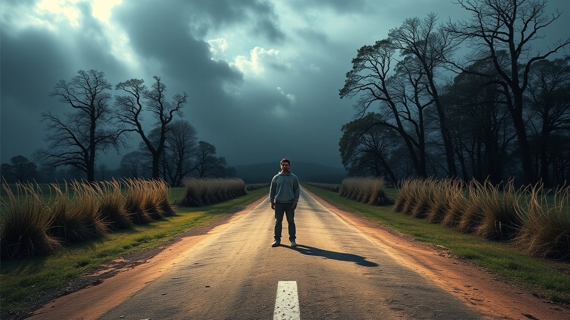 Egy fiatal férfi áll egy elhagyatott úton, sötét felhők alatt.