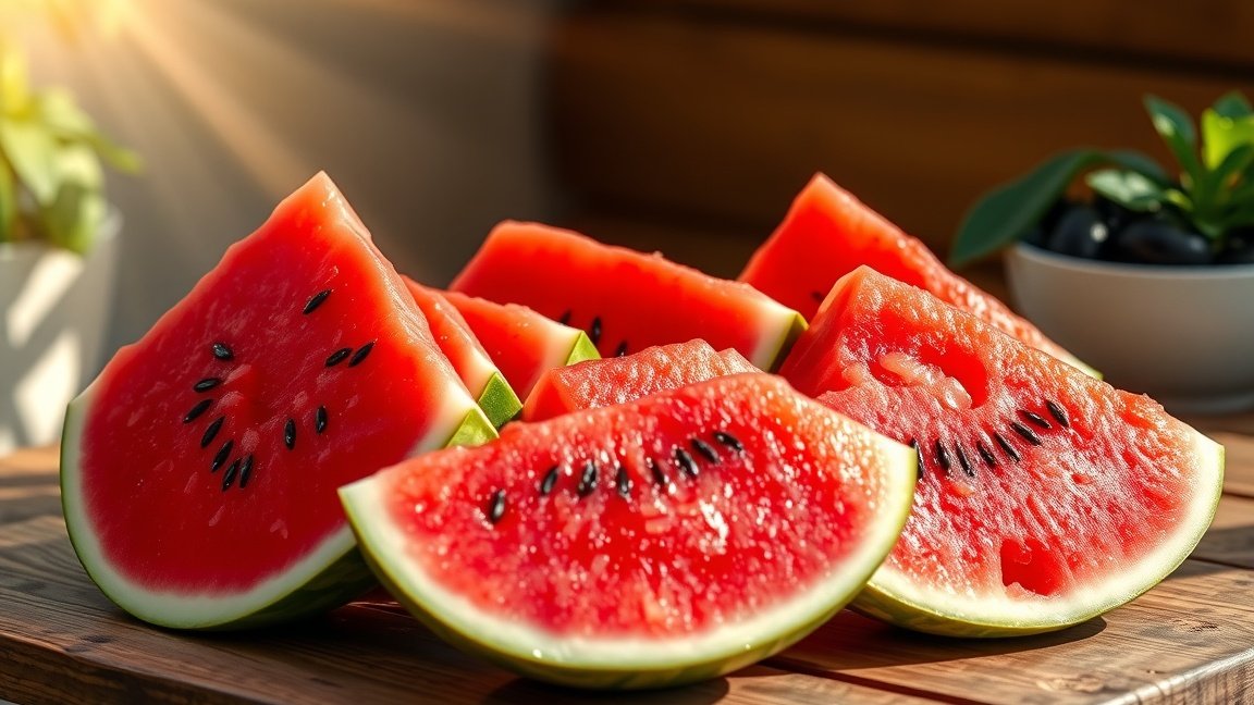 Friss görögdinnye szeletek a nyári napsütésben.